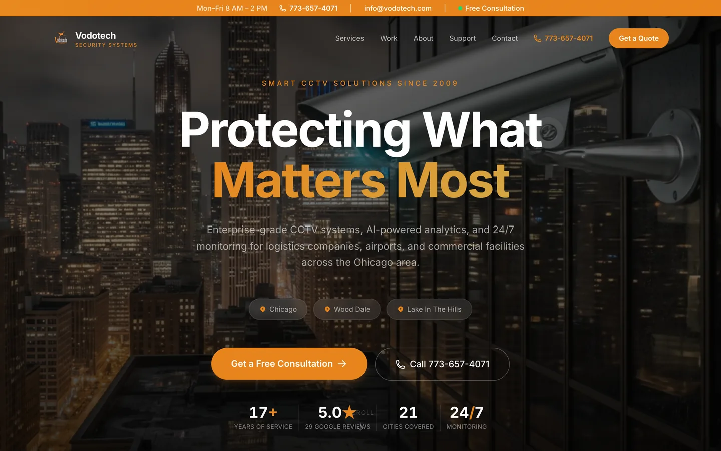 Vodotech Security Systems — commercial CCTV website for the Chicago area, built by PYROX AI